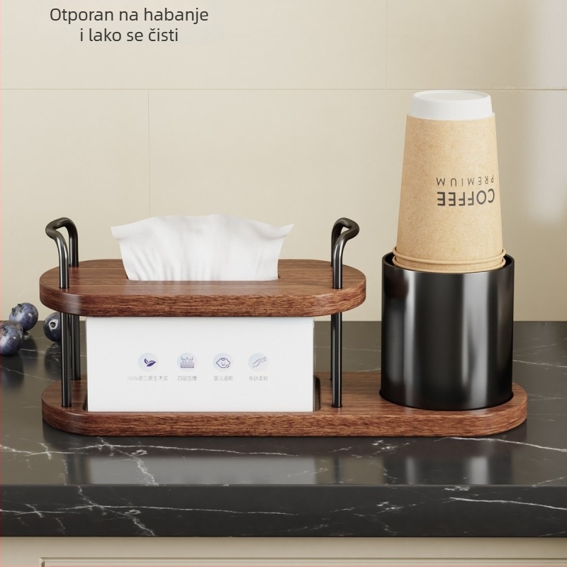 Drvena stolna kutija za maramice sa odjeljcima i držačem čaša, moderni minimalistički dizajn za dnevni boravak