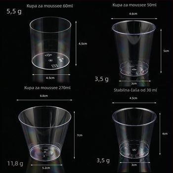 PS plastični čašica za deserte – jednokratna mousse čašica za sladoled i deserte, srebrni toplinski otisak, bez poklopca, kapaciteti 50ml 270ml 200ml