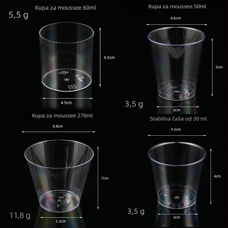 PS plastični čašica za deserte – jednokratna mousse čašica za sladoled i deserte, srebrni toplinski otisak, bez poklopca, kapaciteti 50ml 270ml 200ml