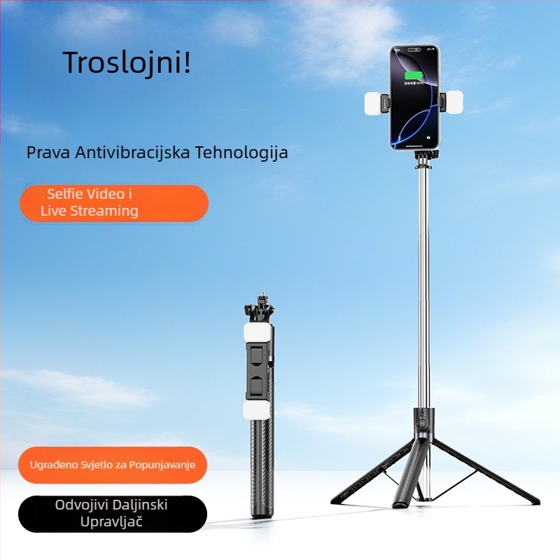Selfie štap s integriranim podnim stativom (X6 proširena verzija) – nehrđajući čelik + ABS, Bluetooth daljinski upravljač, stabilizacija slike, mogućnost prilagodbe