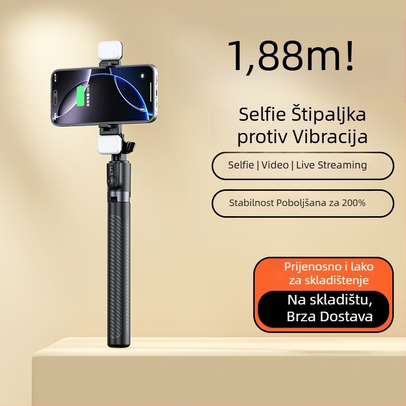 Selfie štap s integriranim podnim stativom (X6 proširena verzija) – nehrđajući čelik + ABS, Bluetooth daljinski upravljač, stabilizacija slike, mogućnost prilagodbe