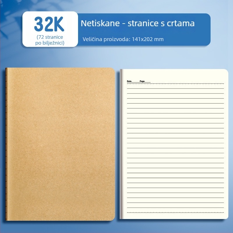 Velika bilježnica sa šivanom uvezom, stranice prazne, s linijama i mrežicama, bijeli papir, više od 400 stranica, za učenike i crtanje