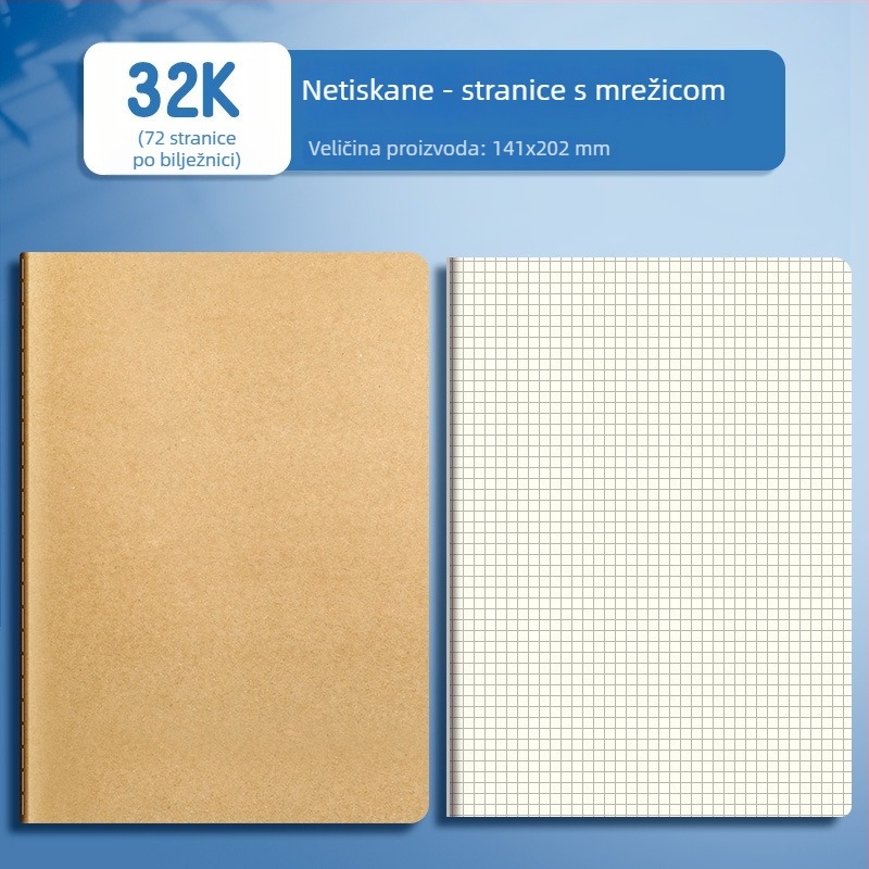 Velika bilježnica sa šivanom uvezom, stranice prazne, s linijama i mrežicama, bijeli papir, više od 400 stranica, za učenike i crtanje