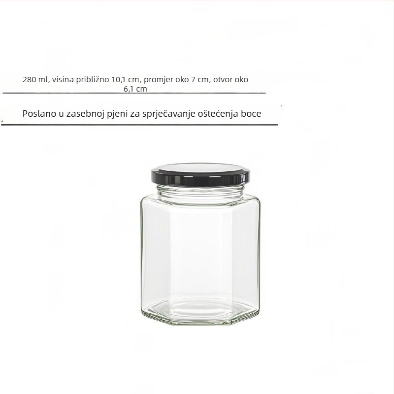 Šesterokutna staklena staklenka s poklopcem, pogodna za med, čili umak i limun džem