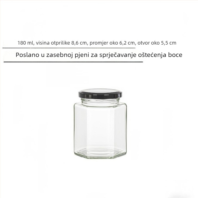 Šesterokutna staklena staklenka s poklopcem, pogodna za med, čili umak i limun džem