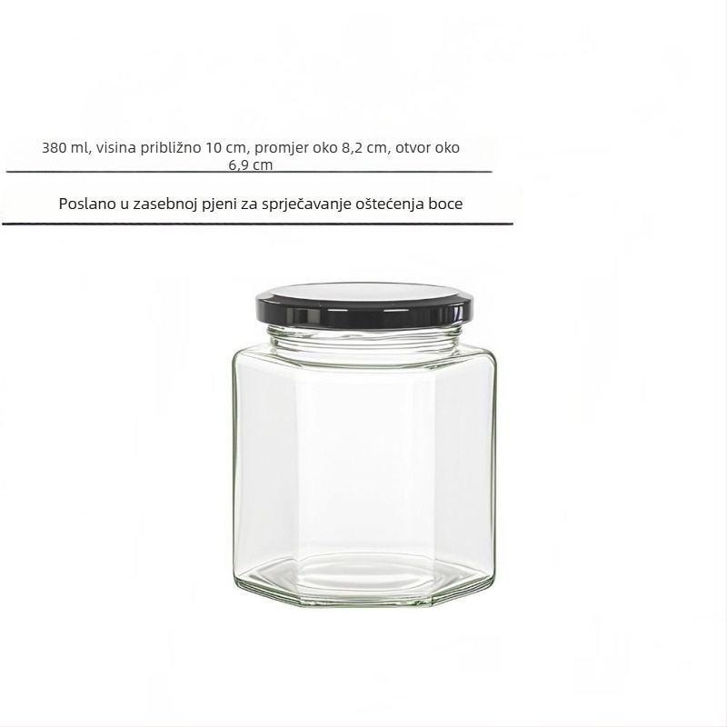 Šesterokutna staklena staklenka s poklopcem, pogodna za med, čili umak i limun džem