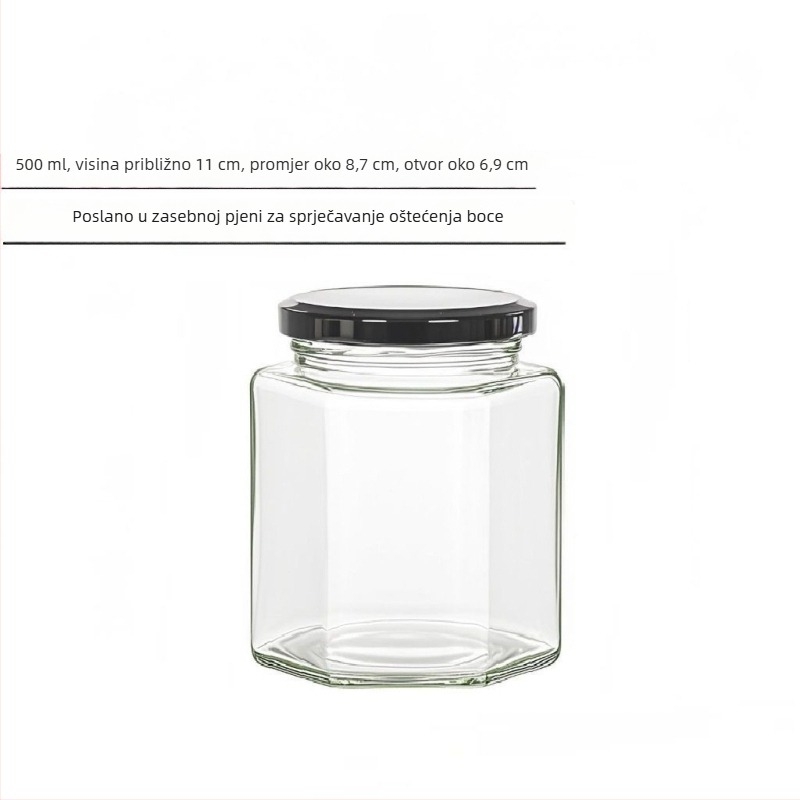 Šesterokutna staklena staklenka s poklopcem, pogodna za med, čili umak i limun džem