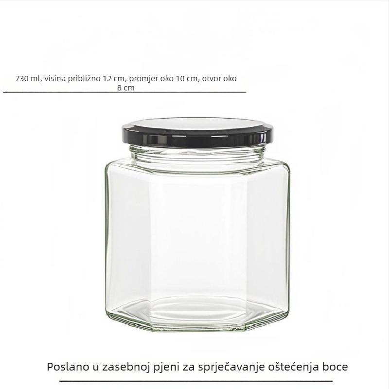 Šesterokutna staklena staklenka s poklopcem, pogodna za med, čili umak i limun džem