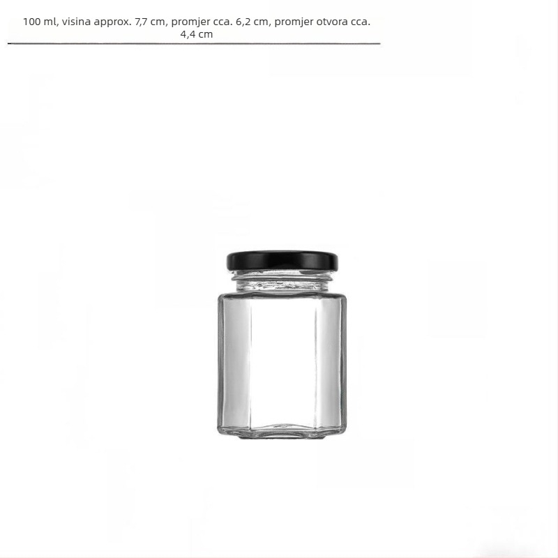 Šesterokutna staklena staklenka s poklopcem, pogodna za med, čili umak i limun džem