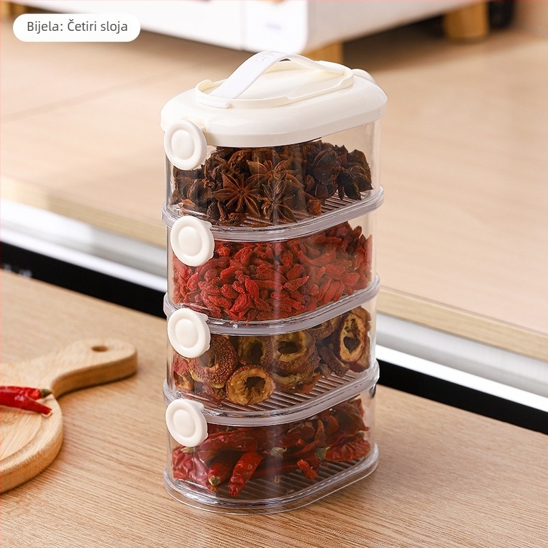 Debeli višeslojni spremnik za začine u kuhinji — pogodan za luk, češnjak i đumbir te suho voće i orašaste plodove; plastični, kapacitet 301–500 ml, nepravilnog oblika, do pet slojeva.