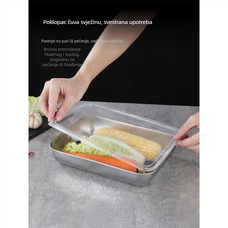Kutija za obrok od nehrđajućeg čelika 304 s poklopcem, pravokutnog oblika, mikrovalno kompatibilna, kapacitet ispod 300 mL, jednoslojna