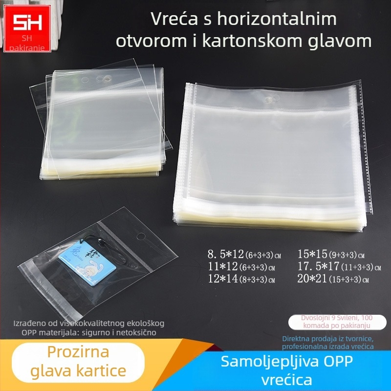 Prozirna plastična vrećica za kartice s horizontalnim otvaranjem, samoljepljiva, s otvorom za vješanje, pogodna za nakit, igračke i uredski materijal, s logom otisnutim