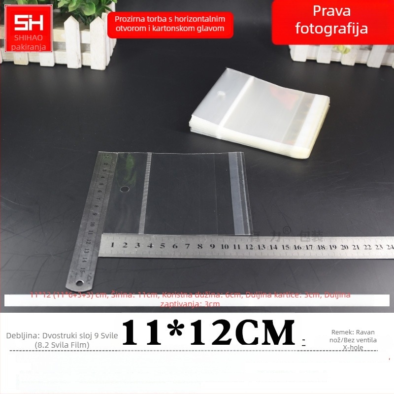 Prozirna plastična vrećica za kartice s horizontalnim otvaranjem, samoljepljiva, s otvorom za vješanje, pogodna za nakit, igračke i uredski materijal, s logom otisnutim