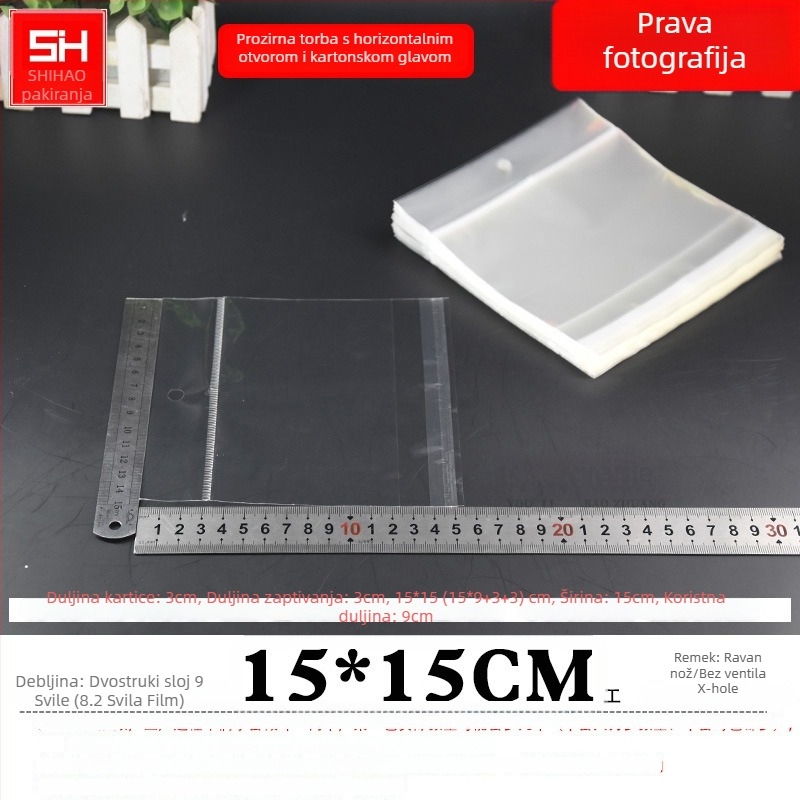 Prozirna plastična vrećica za kartice s horizontalnim otvaranjem, samoljepljiva, s otvorom za vješanje, pogodna za nakit, igračke i uredski materijal, s logom otisnutim