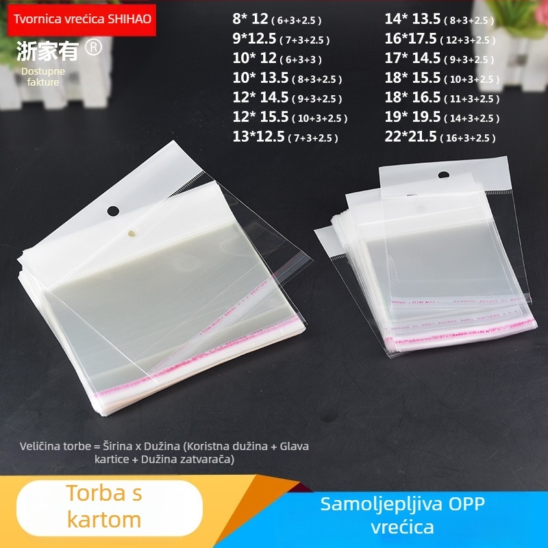 Prozirna plastična vrećica za kartice s horizontalnim otvaranjem, samoljepljiva, s otvorom za vješanje, pogodna za nakit, igračke i uredski materijal, s logom otisnutim