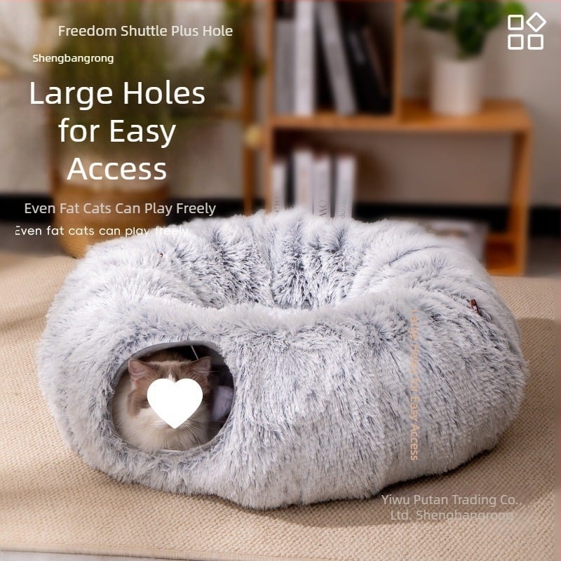 Sklopivi mačji tunel s dugim plišanim gnijezdom, od tkanine, prozračan i topao, za unutarnju i vanjsku upotrebu