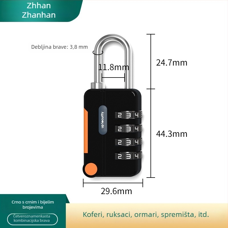 Mehanički koden katanc, U-oblik, od cinkovog legura i nehrđajućeg čelika; model z-mimagausuo-7.1; debljina šipke 3,8 mm; razmak šipki 11,8 mm; pogodan za kofer, ruksak, ormar i košaru za bicikl