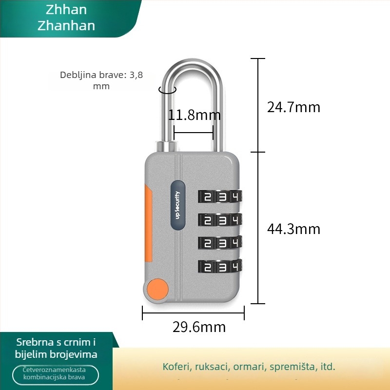 Mehanički koden katanc, U-oblik, od cinkovog legura i nehrđajućeg čelika; model z-mimagausuo-7.1; debljina šipke 3,8 mm; razmak šipki 11,8 mm; pogodan za kofer, ruksak, ormar i košaru za bicikl