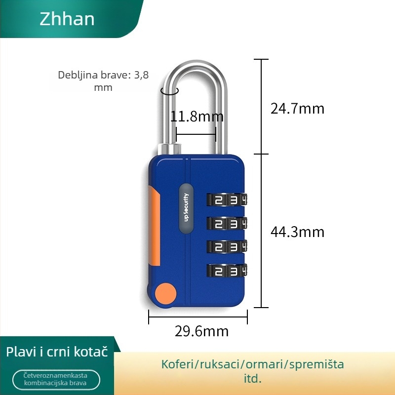 Mehanički koden katanc, U-oblik, od cinkovog legura i nehrđajućeg čelika; model z-mimagausuo-7.1; debljina šipke 3,8 mm; razmak šipki 11,8 mm; pogodan za kofer, ruksak, ormar i košaru za bicikl