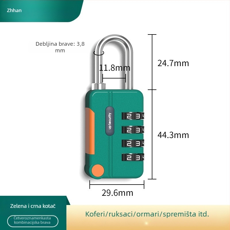 Mehanički koden katanc, U-oblik, od cinkovog legura i nehrđajućeg čelika; model z-mimagausuo-7.1; debljina šipke 3,8 mm; razmak šipki 11,8 mm; pogodan za kofer, ruksak, ormar i košaru za bicikl