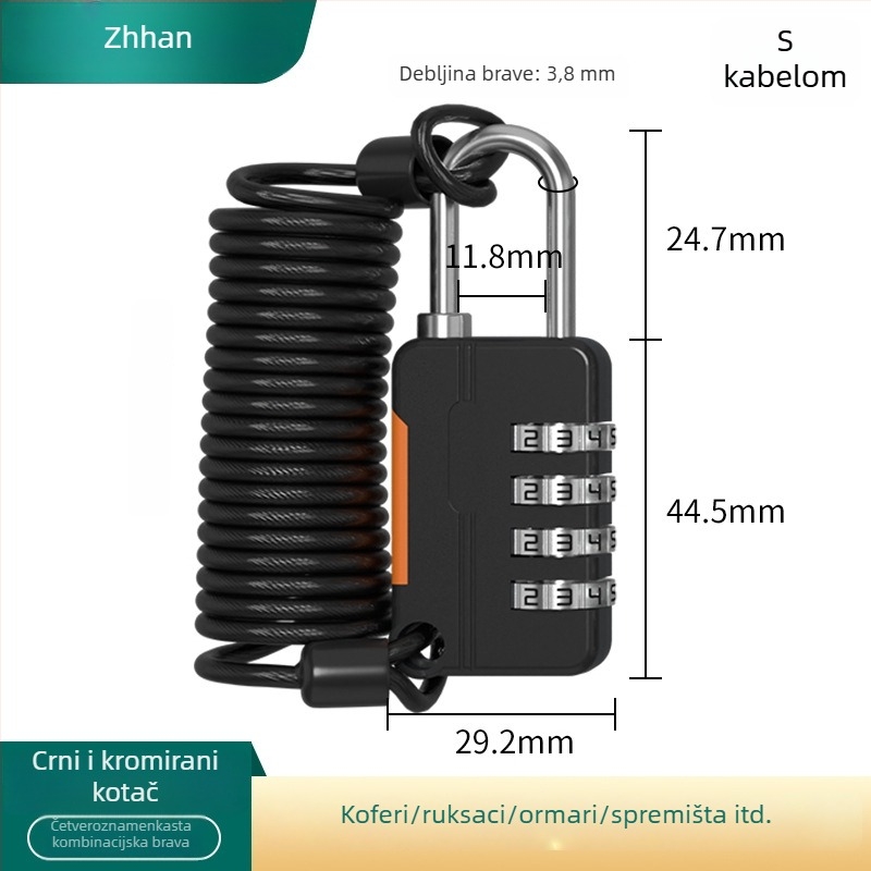 Mehanički koden katanc, U-oblik, od cinkovog legura i nehrđajućeg čelika; model z-mimagausuo-7.1; debljina šipke 3,8 mm; razmak šipki 11,8 mm; pogodan za kofer, ruksak, ormar i košaru za bicikl
