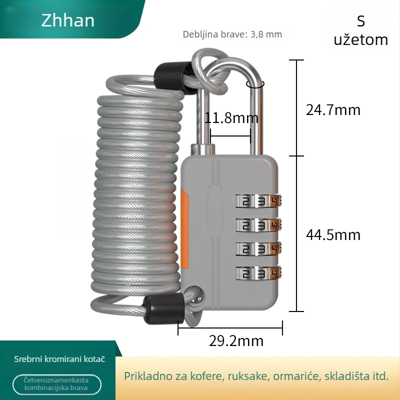 Mehanički koden katanc, U-oblik, od cinkovog legura i nehrđajućeg čelika; model z-mimagausuo-7.1; debljina šipke 3,8 mm; razmak šipki 11,8 mm; pogodan za kofer, ruksak, ormar i košaru za bicikl