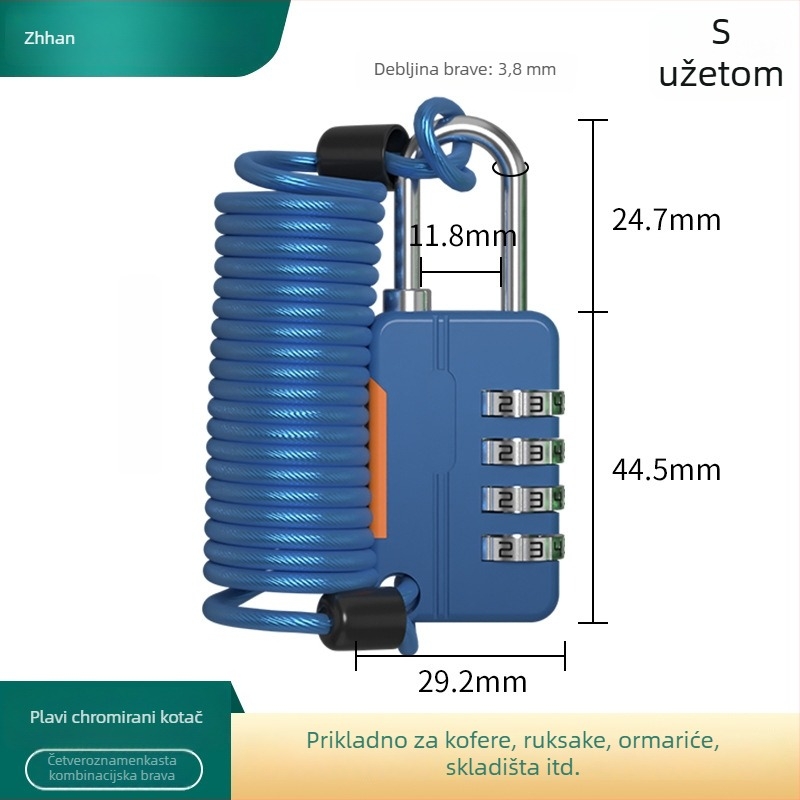 Mehanički koden katanc, U-oblik, od cinkovog legura i nehrđajućeg čelika; model z-mimagausuo-7.1; debljina šipke 3,8 mm; razmak šipki 11,8 mm; pogodan za kofer, ruksak, ormar i košaru za bicikl