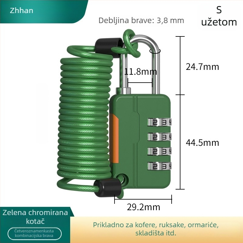 Mehanički koden katanc, U-oblik, od cinkovog legura i nehrđajućeg čelika; model z-mimagausuo-7.1; debljina šipke 3,8 mm; razmak šipki 11,8 mm; pogodan za kofer, ruksak, ormar i košaru za bicikl