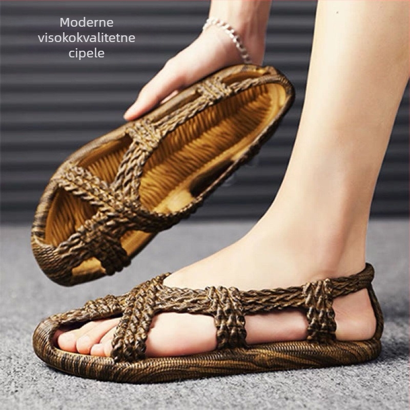 Muške retro ručno pletene sandale s prstenom za prst, gornji dio PVC, gumeni potplat, slip-on, ljeto 2024