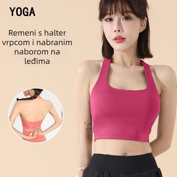 Ženski sportski grudnjak s halterom, brzo se suši, poliester-mješavina, puni košar s srednjim oblikovanjem, fiksni kaiševi, podstava od spandeksa, joga top za vanjsku upotrebu