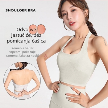 Ženski sportski grudnjak s halterom, brzo se suši, poliester-mješavina, puni košar s srednjim oblikovanjem, fiksni kaiševi, podstava od spandeksa, joga top za vanjsku upotrebu