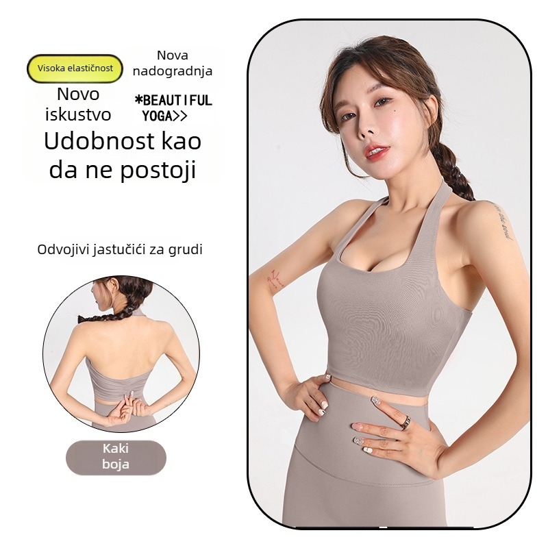 Ženski sportski grudnjak s halterom, brzo se suši, poliester-mješavina, puni košar s srednjim oblikovanjem, fiksni kaiševi, podstava od spandeksa, joga top za vanjsku upotrebu
