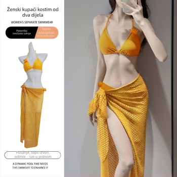 Ženski trodijelni kupaći kostim: bikini s dugom suknjom s prorezom, bez rukava, jednobojni poliester 88% s podstavom