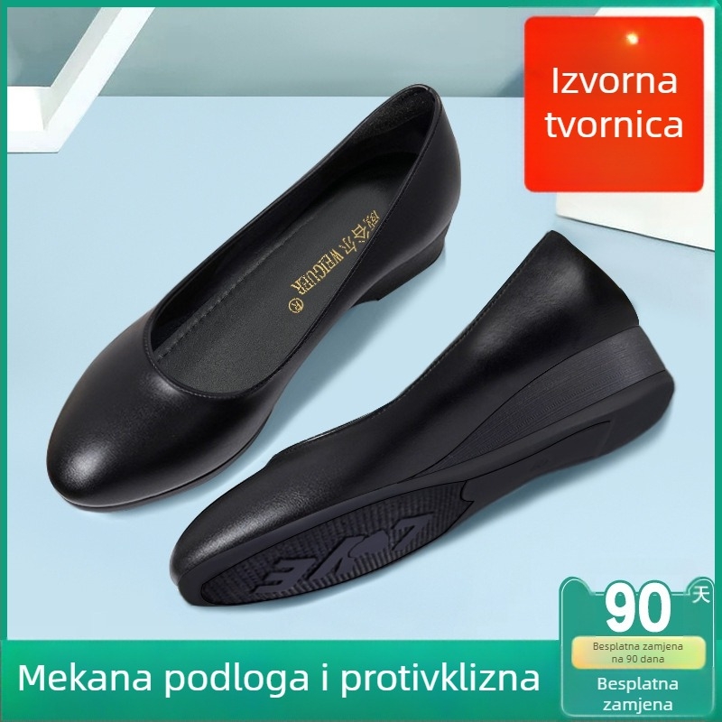 Ženske cipele na klin s okruglim prstom, gornji dio od mikrovlakana, gumena potplat, niski klin, slip-on, formalna obuća