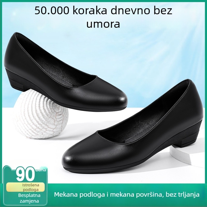 Ženske cipele na klin s okruglim prstom, gornji dio od mikrovlakana, gumena potplat, niski klin, slip-on, formalna obuća