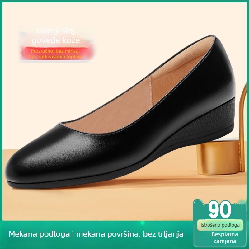 Ženske cipele na klin s okruglim prstom, gornji dio od mikrovlakana, gumena potplat, niski klin, slip-on, formalna obuća