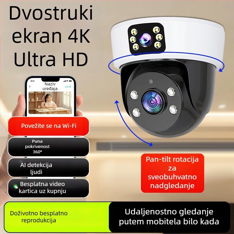 Sferična unutarnja kamera za nadzor s AI za pametan dom, 360° panoramski prikaz, 220V napajanje, automatska kompenzacija osvjetljenja, alarmna funkcija