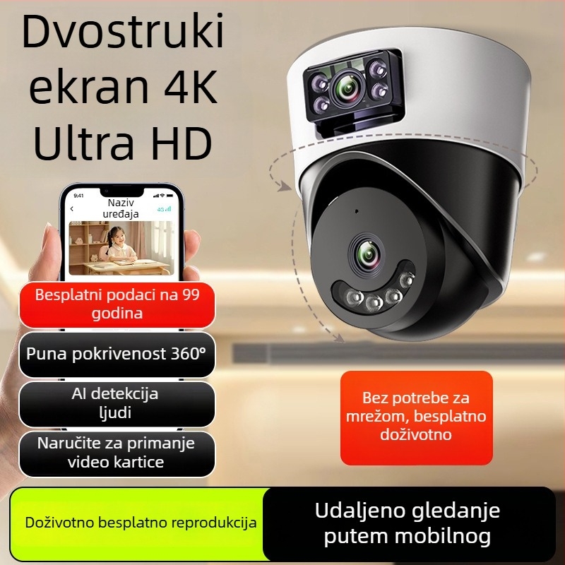 Sferična unutarnja kamera za nadzor s AI za pametan dom, 360° panoramski prikaz, 220V napajanje, automatska kompenzacija osvjetljenja, alarmna funkcija