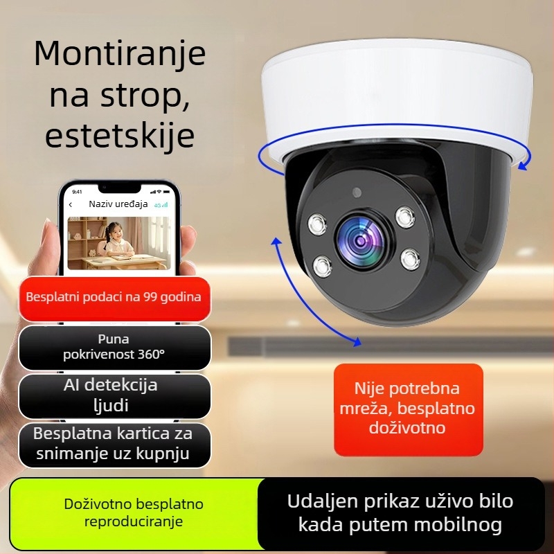 Sferična unutarnja kamera za nadzor s AI za pametan dom, 360° panoramski prikaz, 220V napajanje, automatska kompenzacija osvjetljenja, alarmna funkcija
