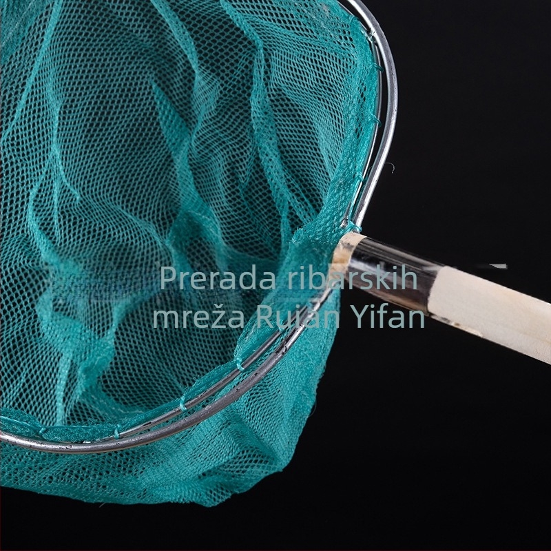Ribarska mreža s drvenom ručkom i dvostrukim okvirom, mreža bez čvorova, oprema za ribolov i akvarij
