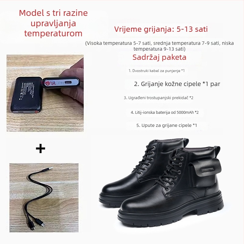 Muške čizme za snijeg s električnim grijanjem i inteligentnim punjenjem; kožni gornji dio dvostruke debljine; vunena podstava; protuklizna gumena potplata; srednja peta 3-5 cm