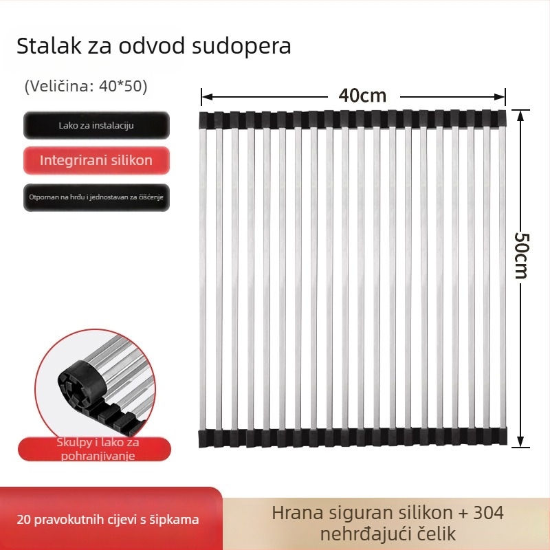 Dongxing nehrđajući čelik – roll-up odvodni stalak za kuhinju sa sklopivim držačem posuđa