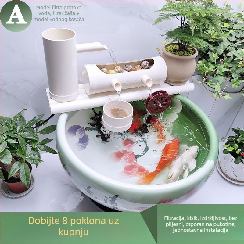 Akvariumska cirkulacijska pumpa s filtracijom i aeracijom, okrugli keramički ukras za ribe i kornjače