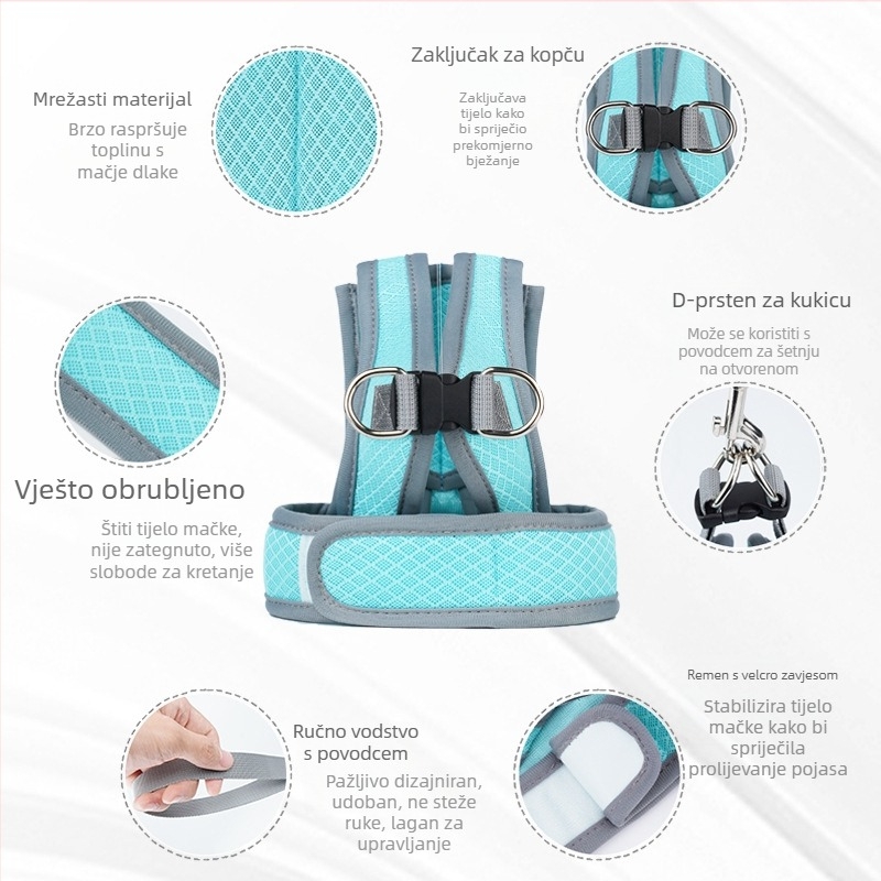 Mačji sigurnosni prsluk s njuškom – prsni pojas za šetnju, Sandwich Mesh, IP odobreno, za mačke, vučni pojas