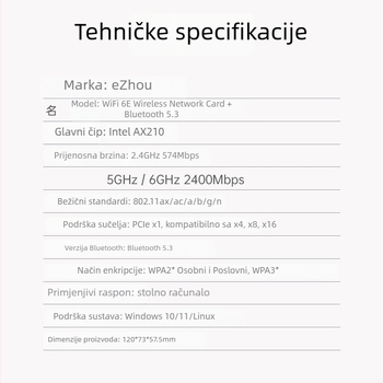 PCIe bežična mrežna kartica, WiFi 6 trozonska 2,4/5/6 GHz Bluetooth 5.3 AX210 5374 Mbps