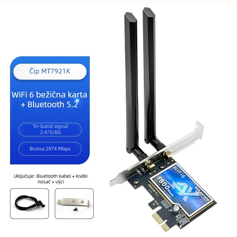 PCIe bežična mrežna kartica, WiFi 6 trozonska 2,4/5/6 GHz Bluetooth 5.3 AX210 5374 Mbps