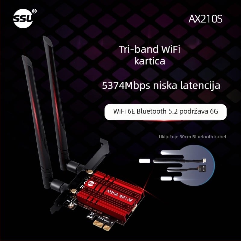 NFHK AX210S Desktop PCIe bežična mrežna kartica, WiFi 6, 5374 Mbps, Bluetooth 5.2