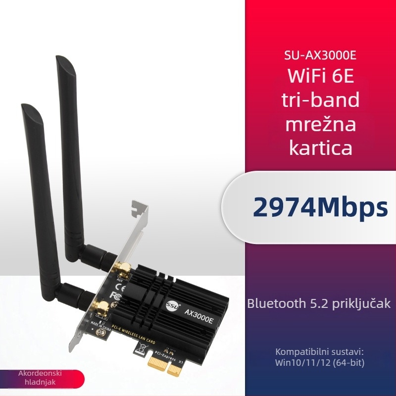 NFHK AX210S Desktop PCIe bežična mrežna kartica, WiFi 6, 5374 Mbps, Bluetooth 5.2