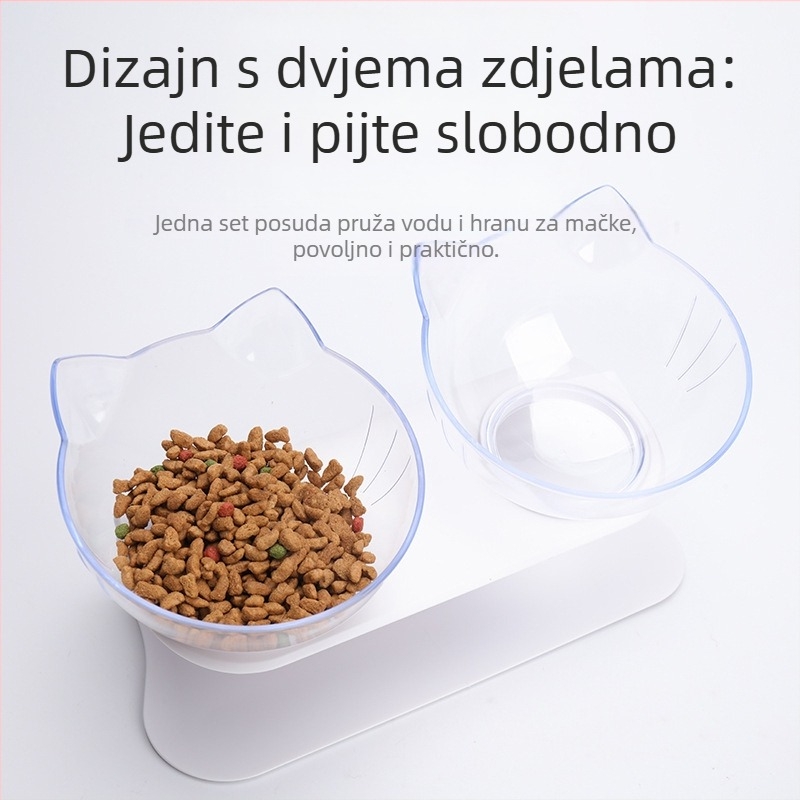 Posuda za hranu i piće za mačke, plastična, dvostruka zdjela s nagnutim rubom