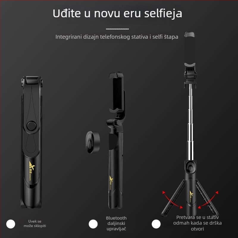 XT09 Selfie štapić s trostranim držačem za mobitel, nehrđajući čelik, Bluetooth, daljinski upravljač uključen, univerzalna kompatibilnost, horizontalno i vertikalno pozicioniranje